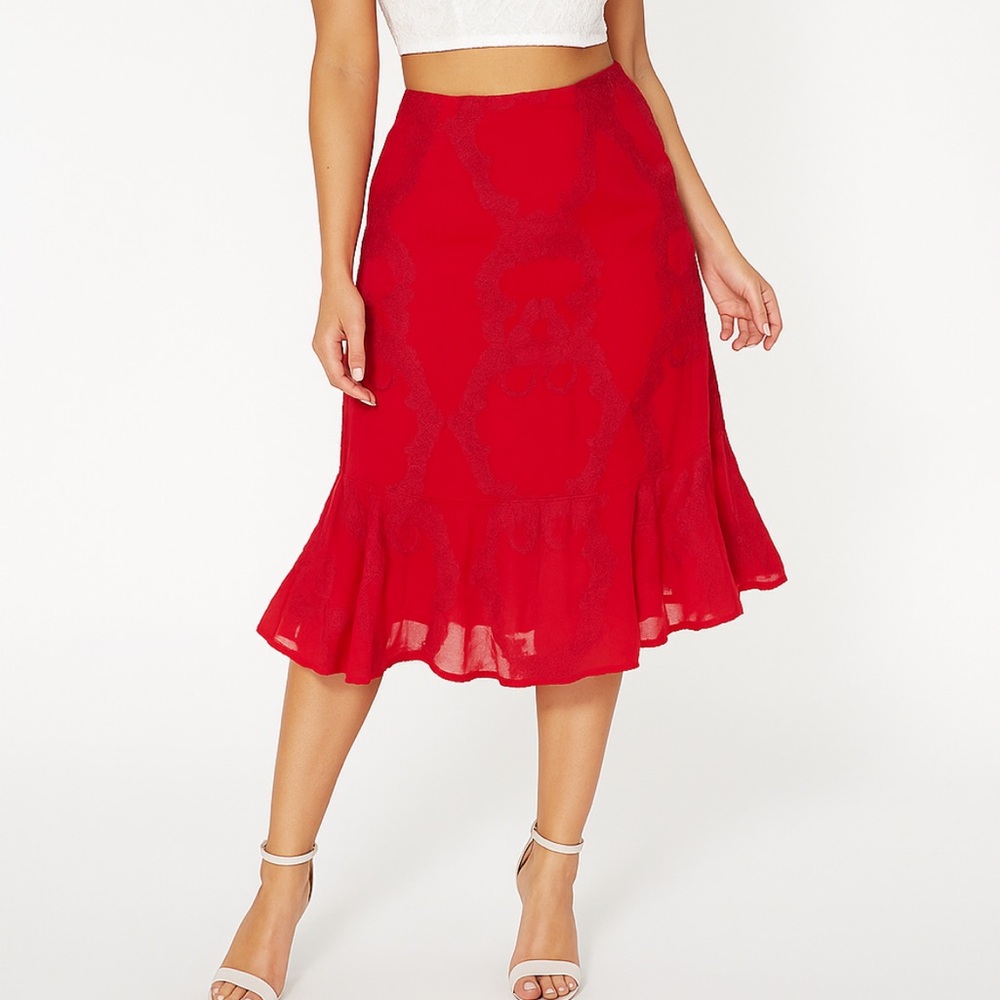 For Love & Lemons Romantic Red Floral Embroidered Flounce Midi Skirt XS